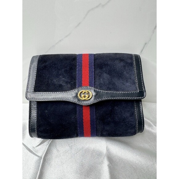 Vintage Gucci Sherry Line Navy Suede Clutch Bag - Picture 1 of 13